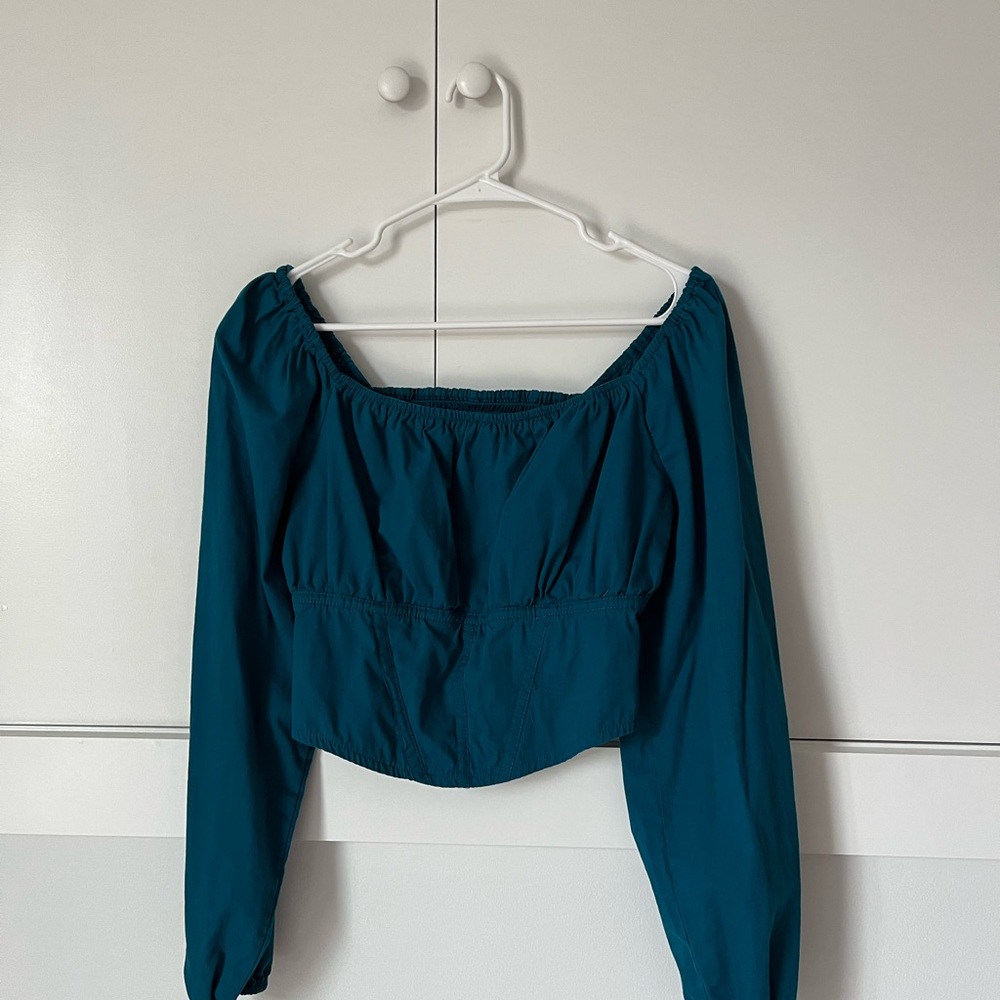 Japna Teal Off-Shoulder Long Sleeve Blouse